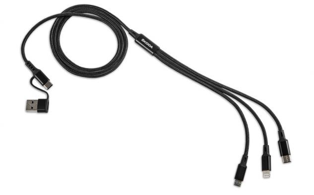 Cablu incarcator original Skoda, 4 in 1, USB tip C si USB tip A la USB tip C, USB Micro si Apple Lightning, negru