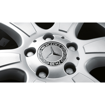 Capac central la butuc roata original Mercedes-Benz, logo clasic pe fond negru