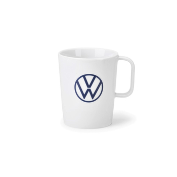 Cana ceramica originala Volkswagen, portelan alb, finisaj logo albastru